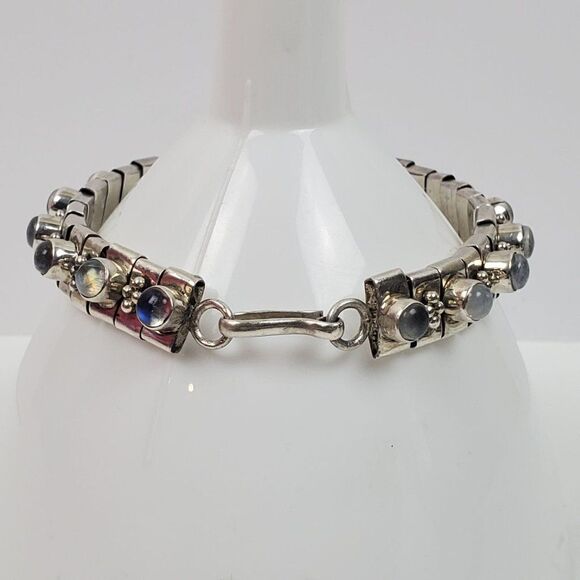 Sterling Silver 925 Opalite Glass Cabochon Panel Bead Link Bracelet Chunky 7.25" - Picture 4 of 15